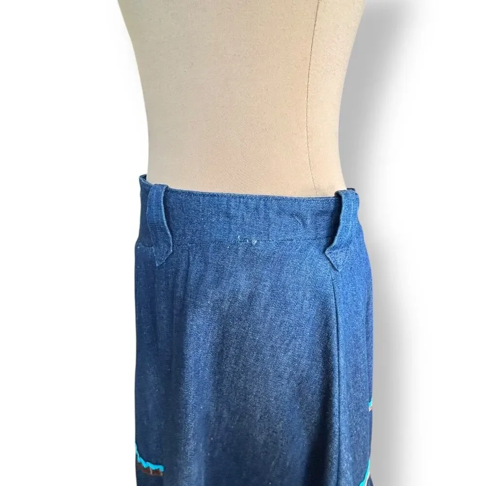 Vintage Handmade Southwest Denim Skirt Tiered Ruffle Hem‎ Abstract Art Appliqué